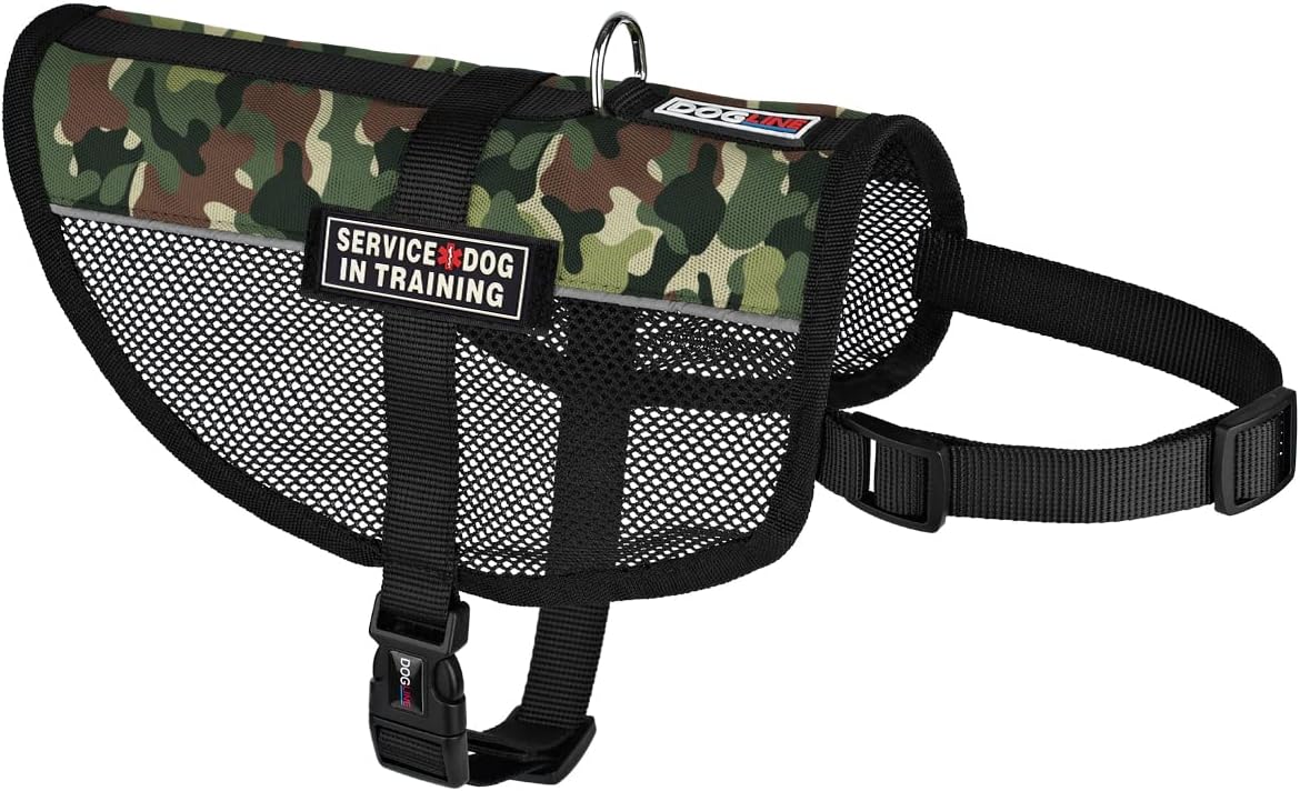Dogline MaxAire Dog Vest with Service Dog in Training Removable Rubber Patches Adjustable Harness Reflective for Puppies Small Medium and Large Dogs 30 by 38 Inch Girth Green Camo