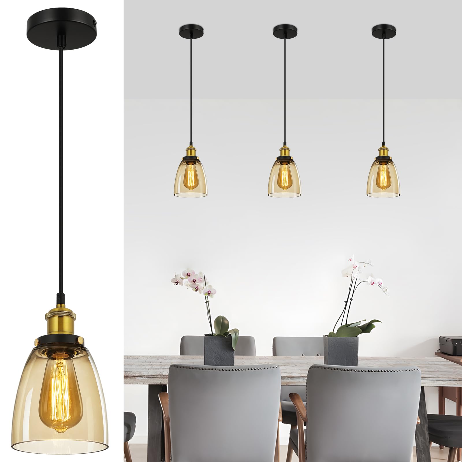 FORCOSO 3PCS Vintage Glass Pendant Lights - Pendant Lighting Ceiling with Glass Lampshade, Adjustable Height Hanging Lamp Fixture for Living Room Kitchen Island Dining Room Hallway (ø14CM)