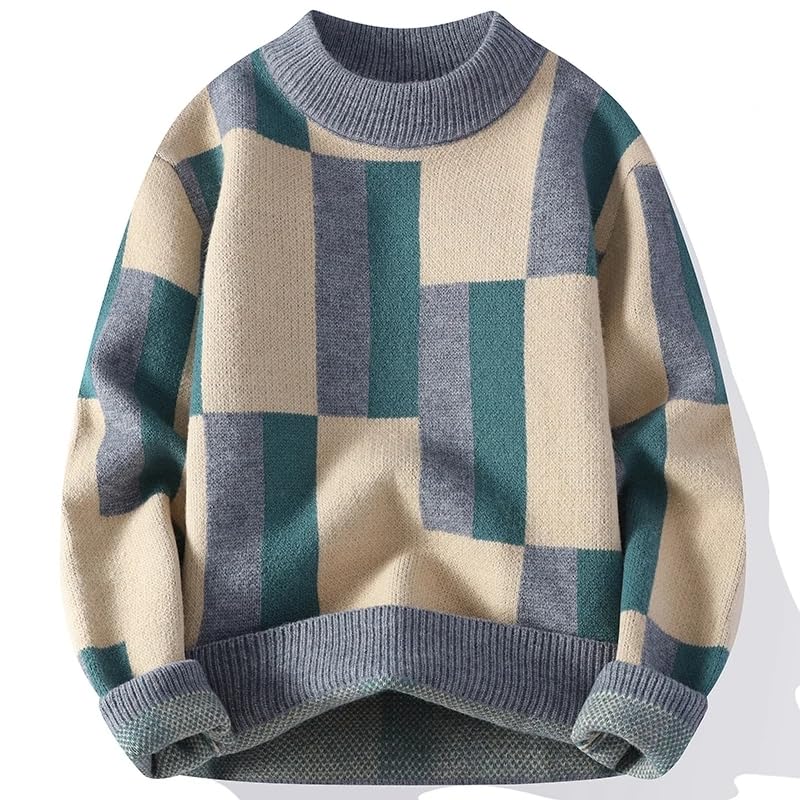 Autumn Winter Men's Knit Sweater Plaid Knitted Pullovers Men Casual Loose Warm Sweaters4