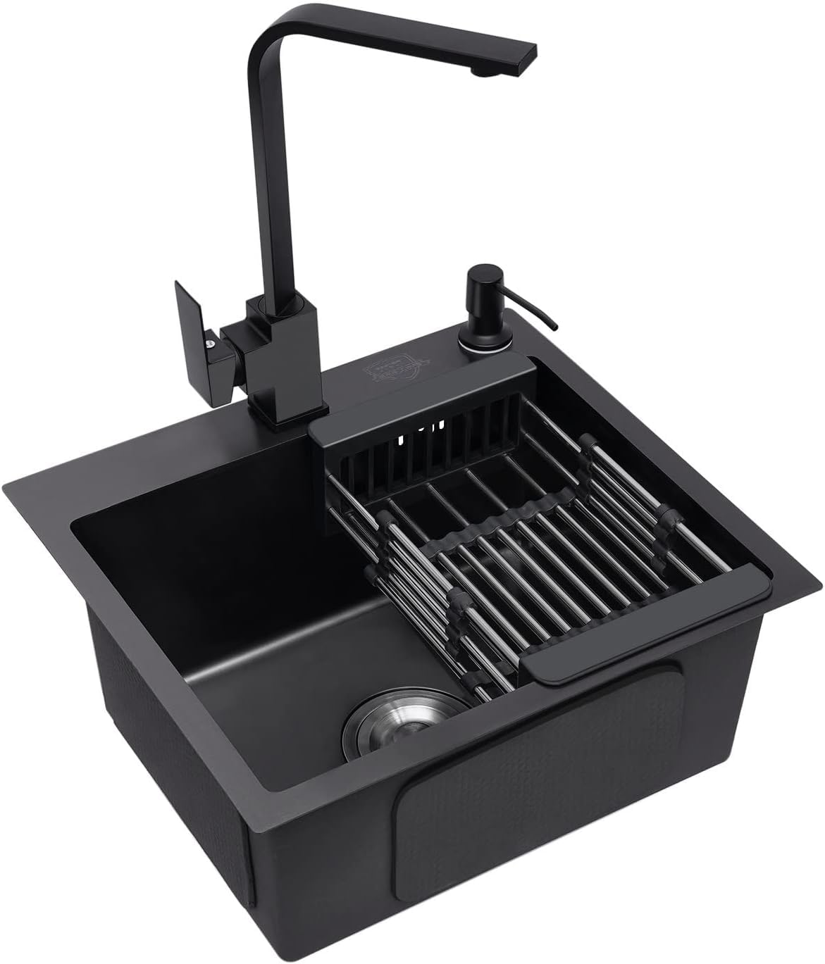Spüle, Spülbecken Edelstahl mit Armatur Schwarz, Einbauspüle Küchenspüle Granitspüle für 45 cm Unterschrank, mit Küchenarmatur 360° Drehbar, Seifenspender, Über und Ablaufgarnitur