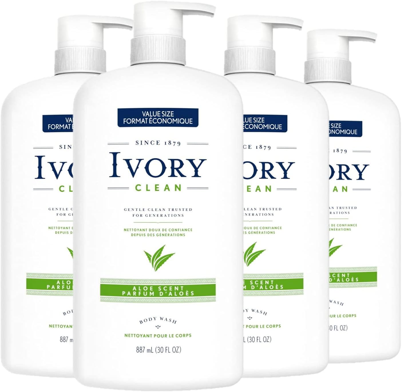 Ivory Clean Dermatologist Tested and Formulated Body Wash Free of Parabens and Phthalate Gentle on Skin, Aloe Scent, 30 oz (Pack of 4)