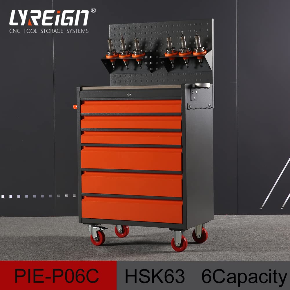 CNC - Carro de herramientas con cajones con cerradura, carrito de herramientas rodante, gran capacidad de 6 cajones para BT30/40 y HSK63, diseño duradero naranja y gris