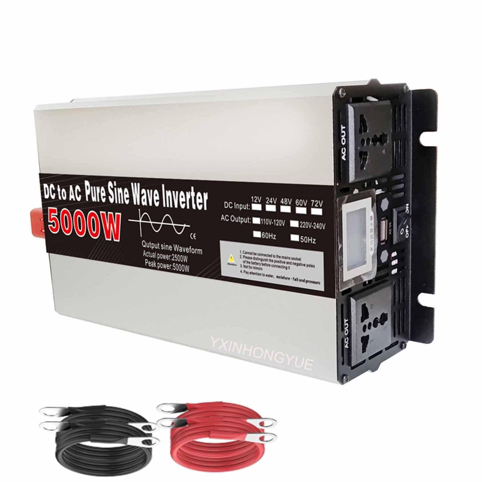 Przenośny inwerter samochodowy 2500W, off-grid czysty sinusowy inwerter 12V-24V DC na AC 120V 240V, przetwornica z wyświetlaczem LCD i pilotem do awaryjnego zasilania