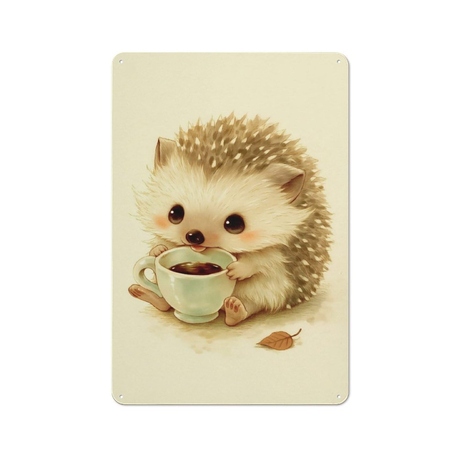 Jubonexis Cute Hedgehog Holding A Pale Green Teacup Tin Metal Signs Wall Art Decorations for Bar Pub Club Cafe Room Farmhouse White 30x20cm