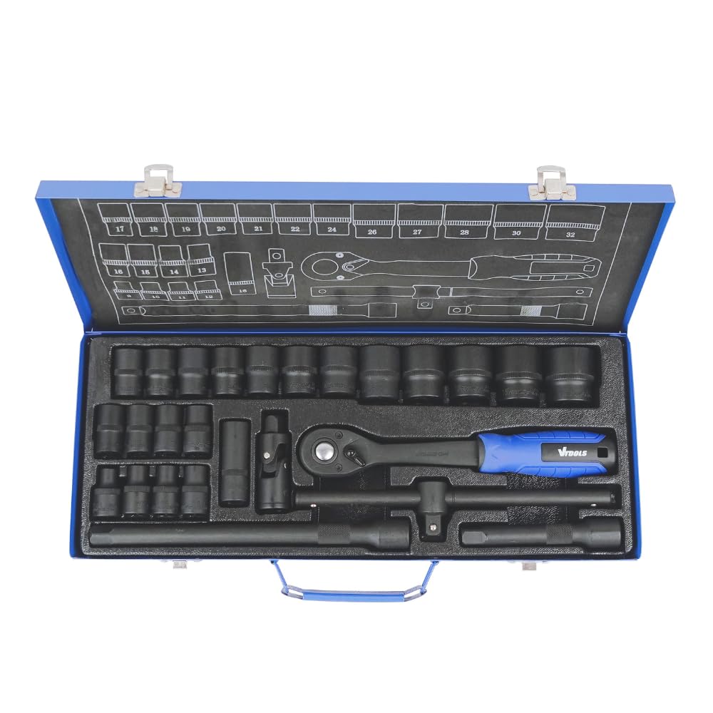VTOOLS 26 PC 1/2" Drive CRV Socket Set in Portable Case, Includes Extension Bars, Universal Joint, Speeder Handle, Sliding Bar, Socket Bits, and Black Finishing, VT5108