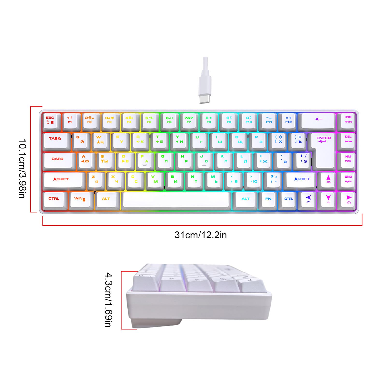 Annadue 68 Kluczowa Rosyjska Angielska Klawiatura Gier, Odwrotna Klawiatura Mechaniczna RGB z 18 Trybami Oświetleniowymi, USB Podłączonymi dla Graczy na PC (WHITE)