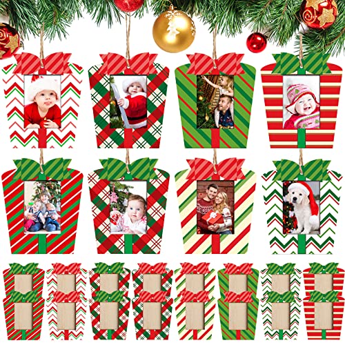 Blulu 16 Pieces Christmas Picture Frame Ornaments for Tree Christmas Hanging Photo Frame Ornaments Red and White and Green Present Box for Tree Party Decorations