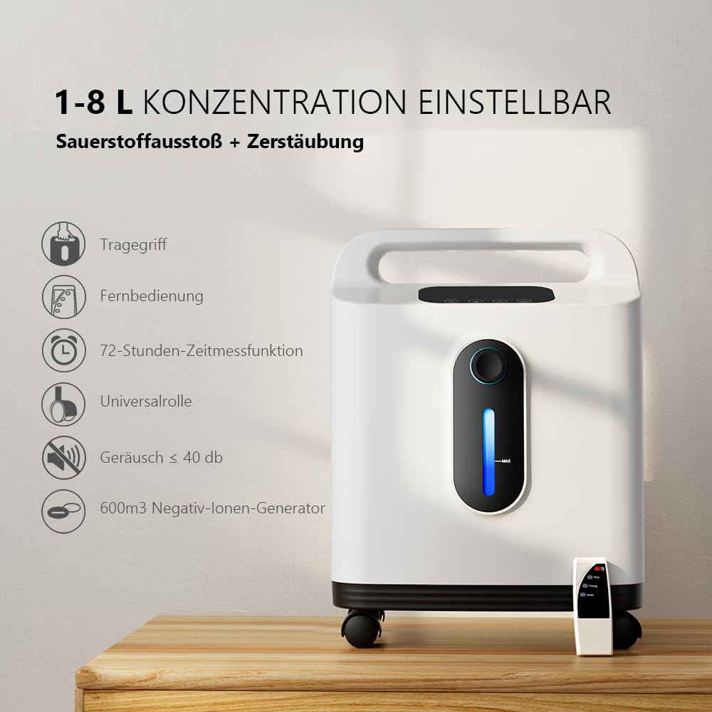 Concentratore di ossigeno portatile mobile, concentrazione 1-8L regolabile 90% ± 3%, design portatile, adatto per la casa e i viaggi (ruote universali, manuale italiano)