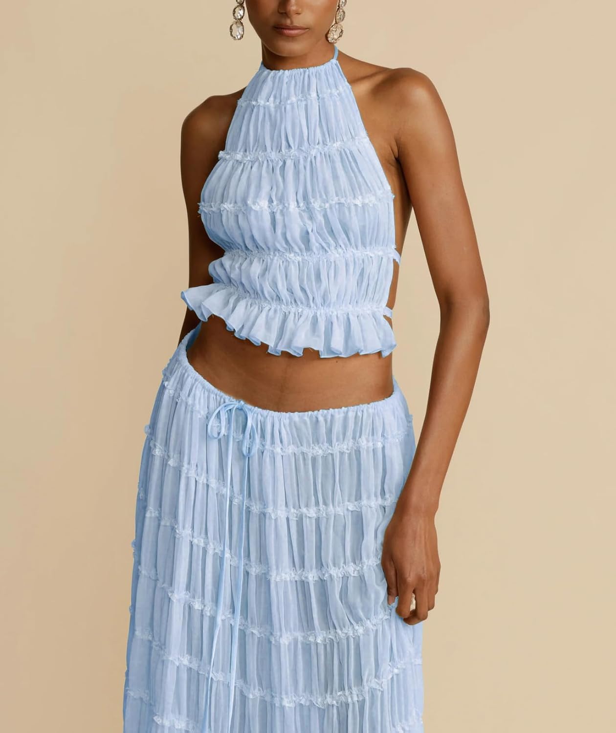 Ensemble 2 pièces en mousseline de soie pour femme – Haut court dos nu à lacets sans manches et jupe longue plissée fluide taille haute pour soirée, événements, vacances à la plage