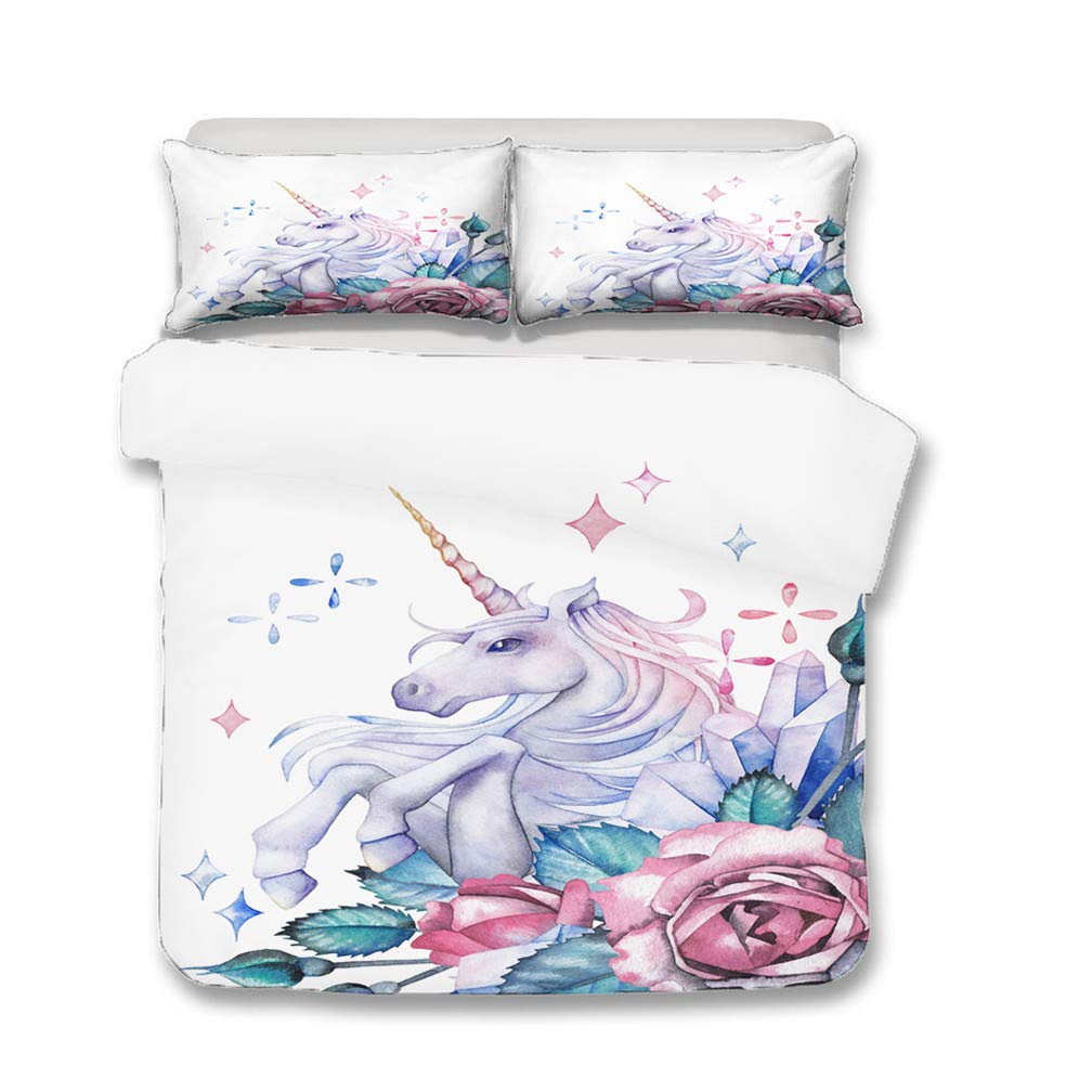 Housse de couette licorne pour grand lit enfant parure de lit double 3 pièces