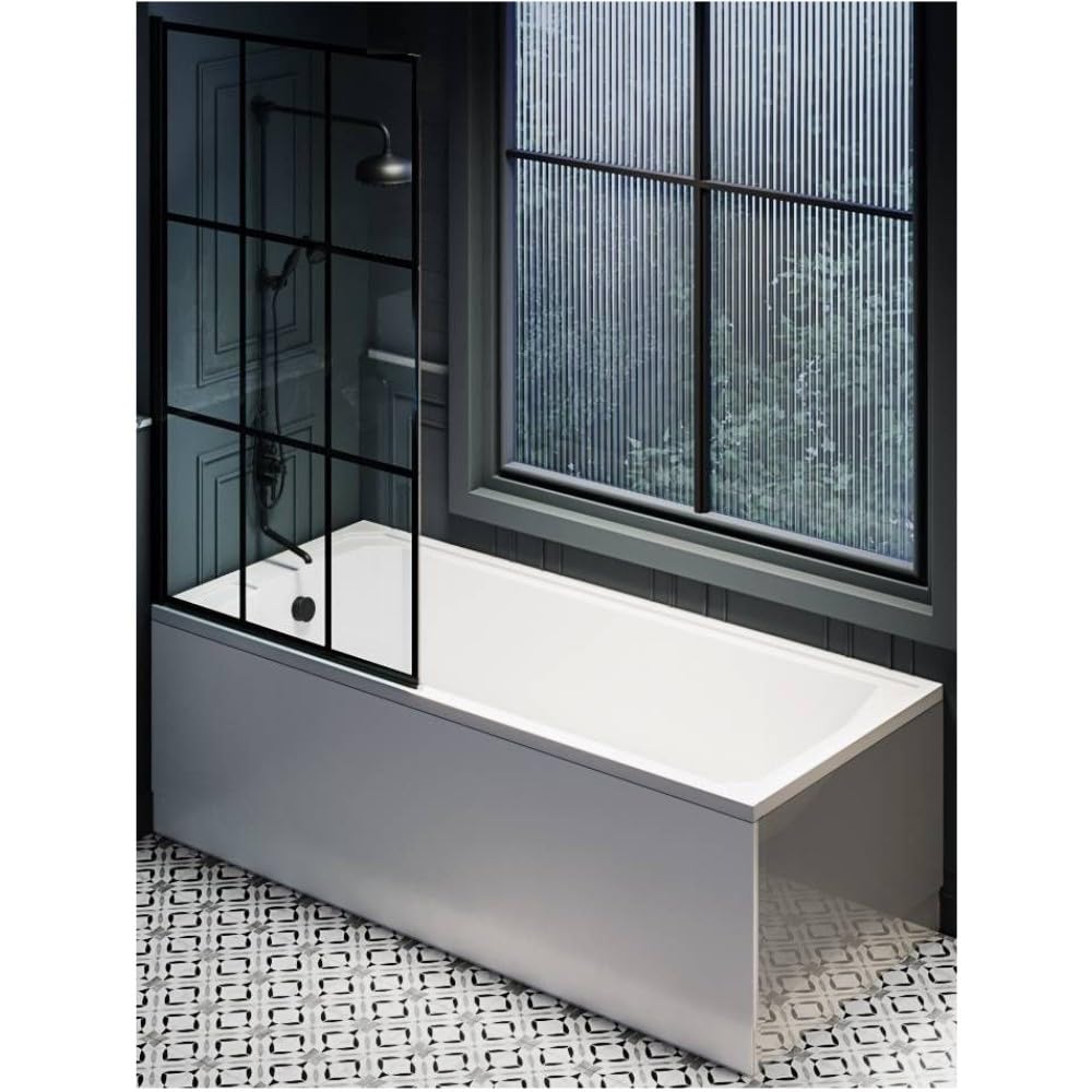 Milano Black Grid Screen & Side Panel Richmond White 1700Mm X 750Mm Single Ended Shower Bath Black Grid Screen Side Panel
