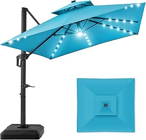Best Choice Products 10x10ft 2-Tier Square Cantilever Patio Umbrella with Solar LED Lights, Offset Hanging Outdoor Sun Shade for Backyard w/Included Fillable Base, 360 Rotation - Sky Blue