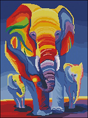 Egyptian Cotton Thread Counted Cross Stitch Kits ,Elephants In Rainbow 14Ct 38*47Cm, 150*200 Aida ,Elephant Cross Stitch Kit #TOP9