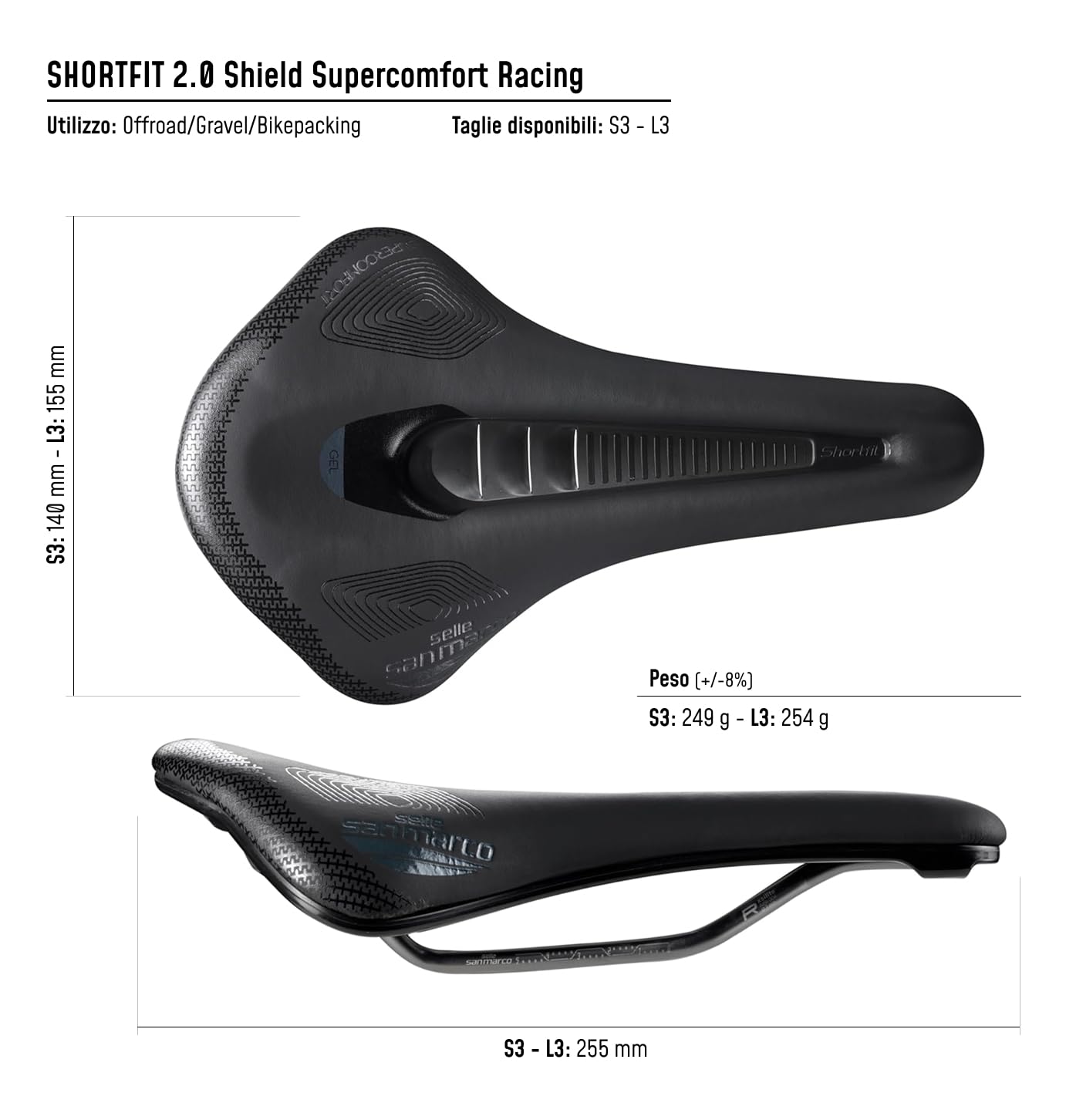 Selle San Marco SHORTFIT 2.0 Shield Supercomfort Racing - Sella Bicicletta Gravel e Bikepacking con Parafango Integrato, Foro Anatomico e Gel Extra, Telaio Resistente in Acciaio