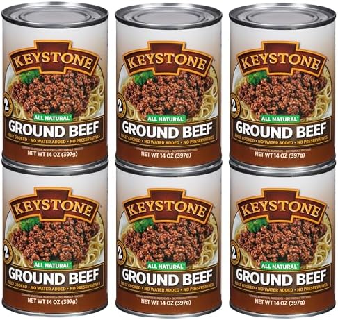 Keystone Meats All Natural Heat & Serve Ground Beef 14 Oz Fully Cooked Canned Meat 5-Year Shelf Life Ready to Eat, Pantry Staple for Everyday Meals & Survival Food, Gluten-Free, Made in USA, Pack of 6