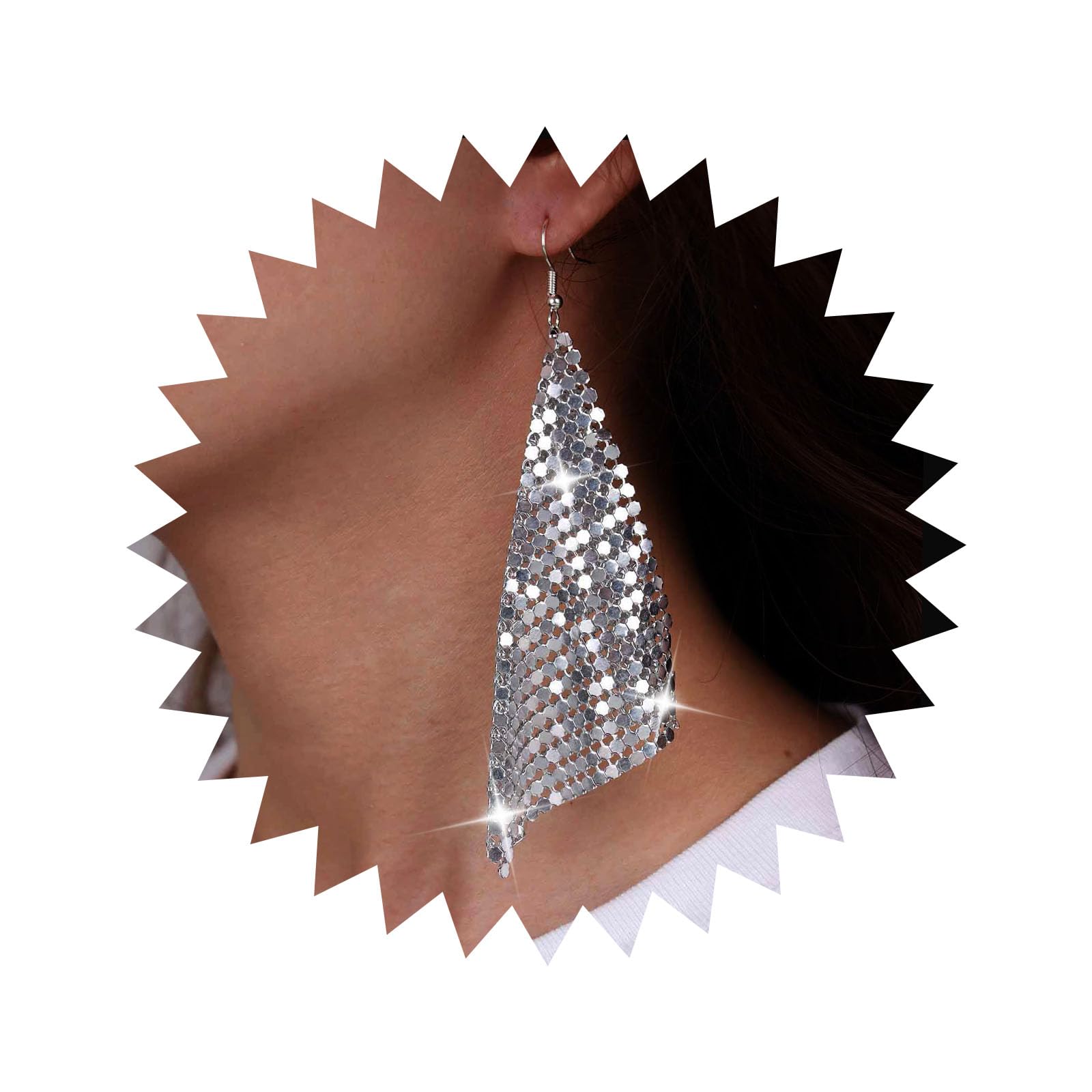 Orecchini Lunghi Boho Punk In Metallo Con Paillettes E Rete – Quadrati, A Goccia, Color Argento