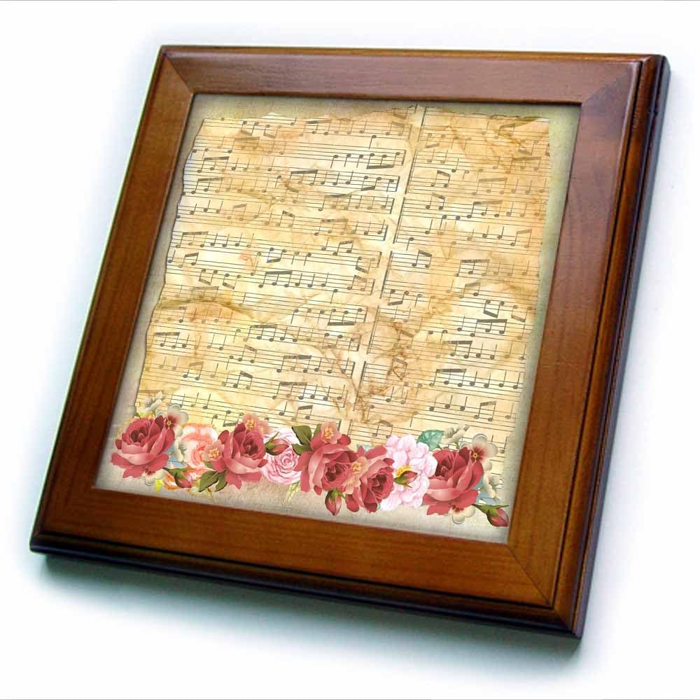 3dRose Image of Vintage Style Music Sheet with Roses Framed Tile, 8 x 8