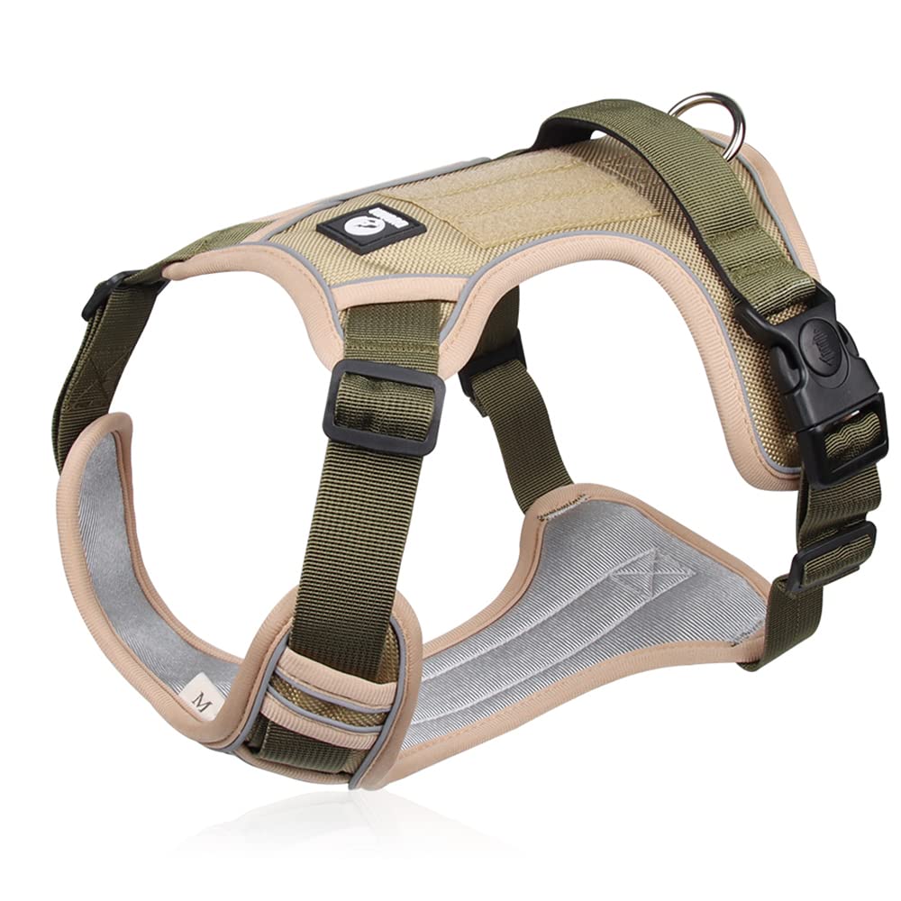 Dog Harness for Medium Dogs No Pull; Reflective Dog Vest Harness, Adjustable Pet Harness with 2 Leash Clips, No Choke Dog Vest with Molle & Loop Panels, Dog Harness with Easy Control Handle Khaki L