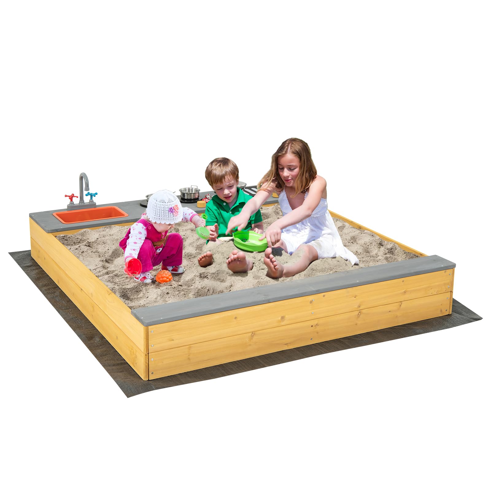 RELAX4LIFE Sabbiera per Bambini, Area Esterna in Legno con Fodera Inferiore, Zona Cucina Creativa, Accessori da Cucina Completi, Seduta a Panca, Sabbiera per Cortile, Spiaggia, Giardino