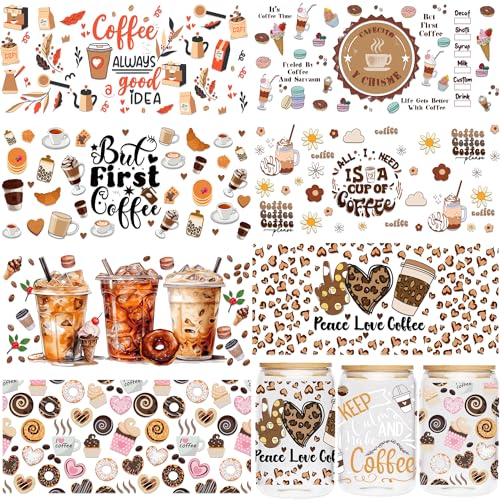 UV DTF Cup Wraps Transfer - 8 Sheets Coffee UV DTF Transfer Sticker for 16 OZ Glass, Coffee Dessert Love Icecream Bread Design, Ready to Press, Waterproof DIY Crafts