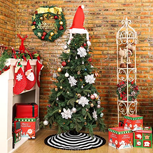 Macting Christmas Black And White Tree Skirt, 30 Inches Annual Rings Tree Mat With Pom Poms For Xmas Holiday Decorations Indoor Outdoor #TOP4