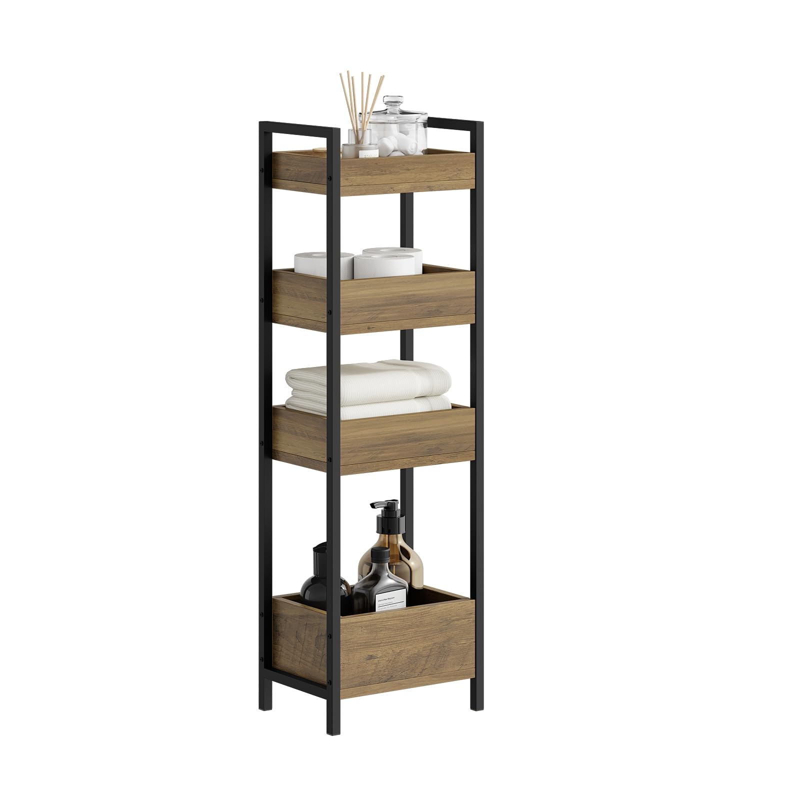 SoBuy Mobiletto Bagno Salvaspazio Stretto con 4 Ripiani - Mobile Bagno Salvaspazio Design Industriale 20 cm Larghezza Scaffale per WC e Lavanderia in Legno e Metallo FRG226-H-F