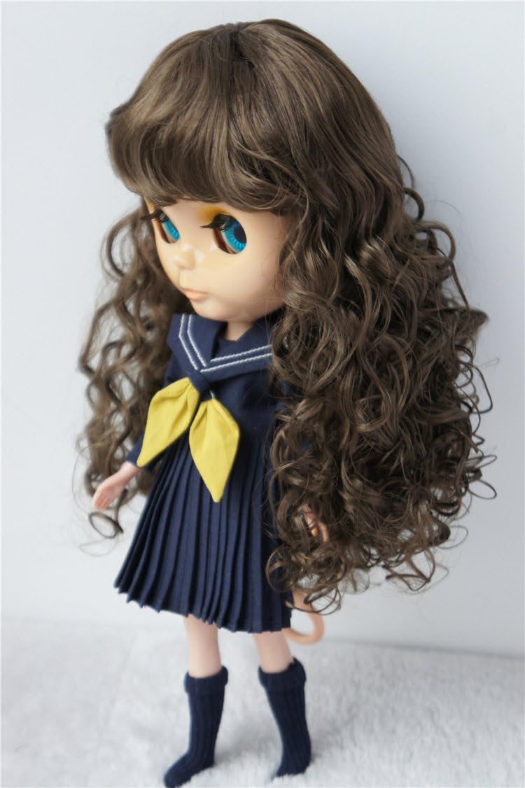 QBaby Doll Wigs JD311 9-10inch 23-25cm Long European Wave Air Thin Bangs Synthetic Mohair BJD Wigs (Medium Brown)