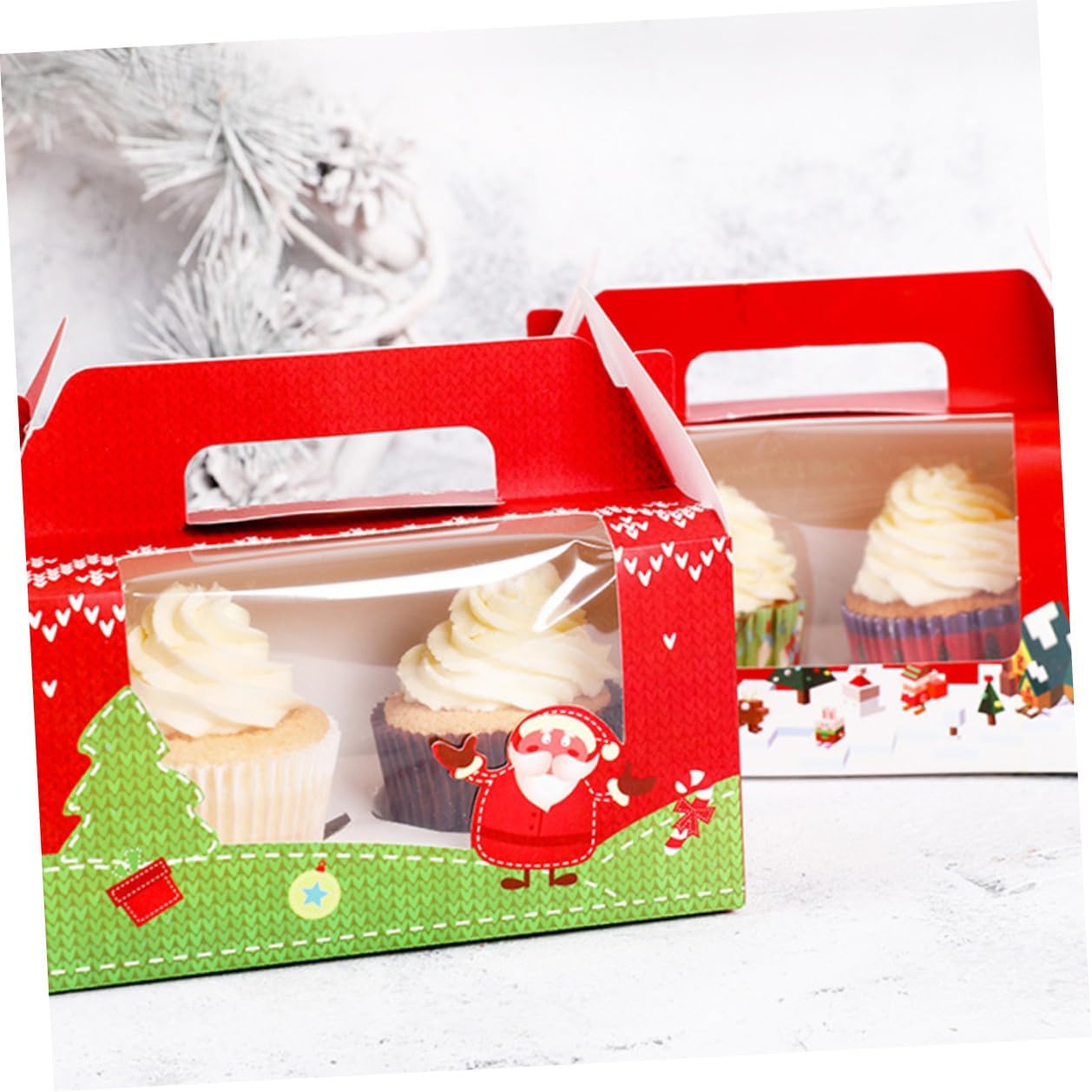 VALICLUD 20pcs Paper Cupcake Boxes with Two-hole Insert, Portable Paper Cupcake Holders for Christmas Decor, Bakery Food Storage, Window Cake Carrier for Party