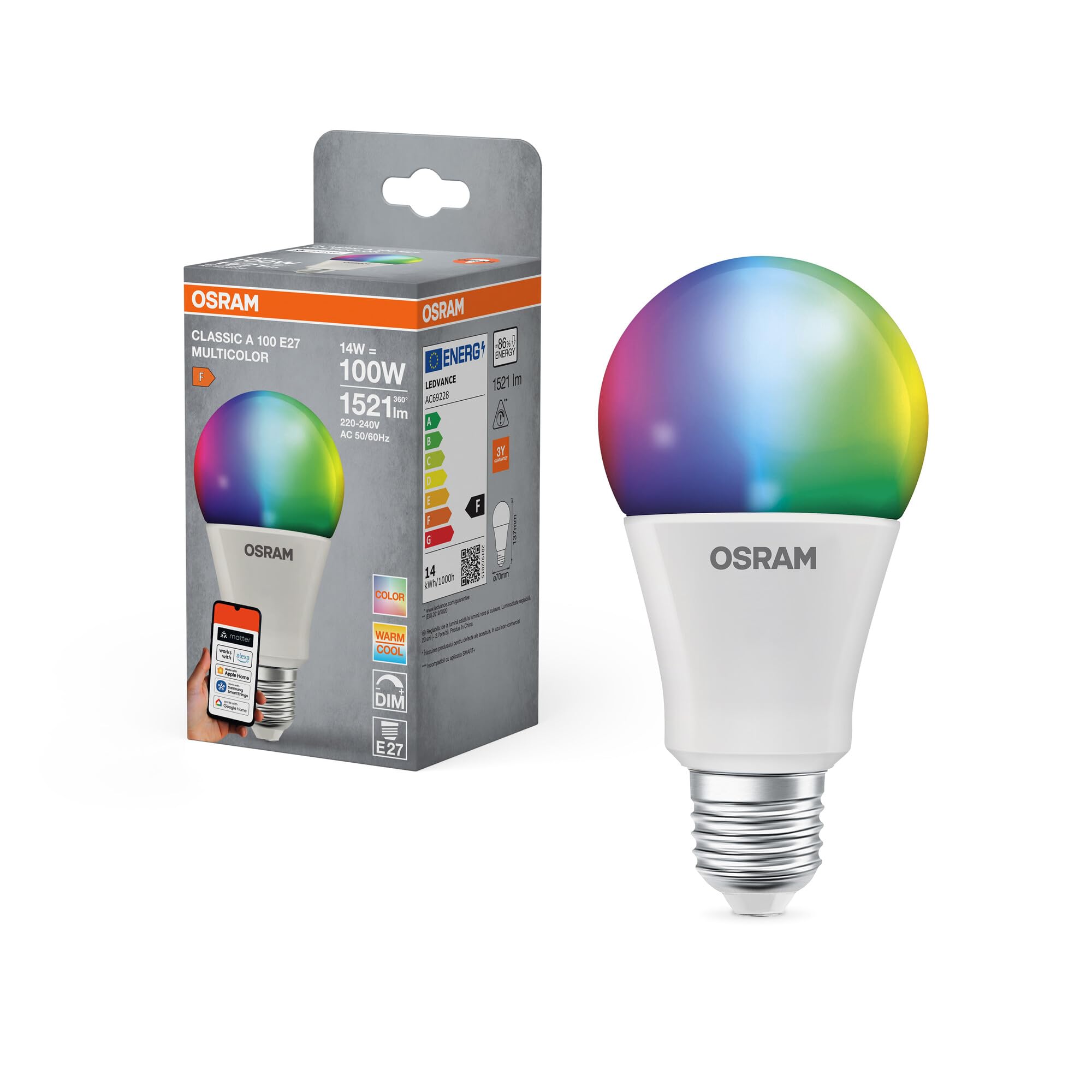 OSRAM OSRAM Smart+ RGBW, E27 LED lamp with Matter Over WiFi, Specially Designed for Alexa - Easy Setup with one Click, 100W Replacement, Warm White to Cool White (2700-6500K), 16 Million RGB Colors, 1-Pack