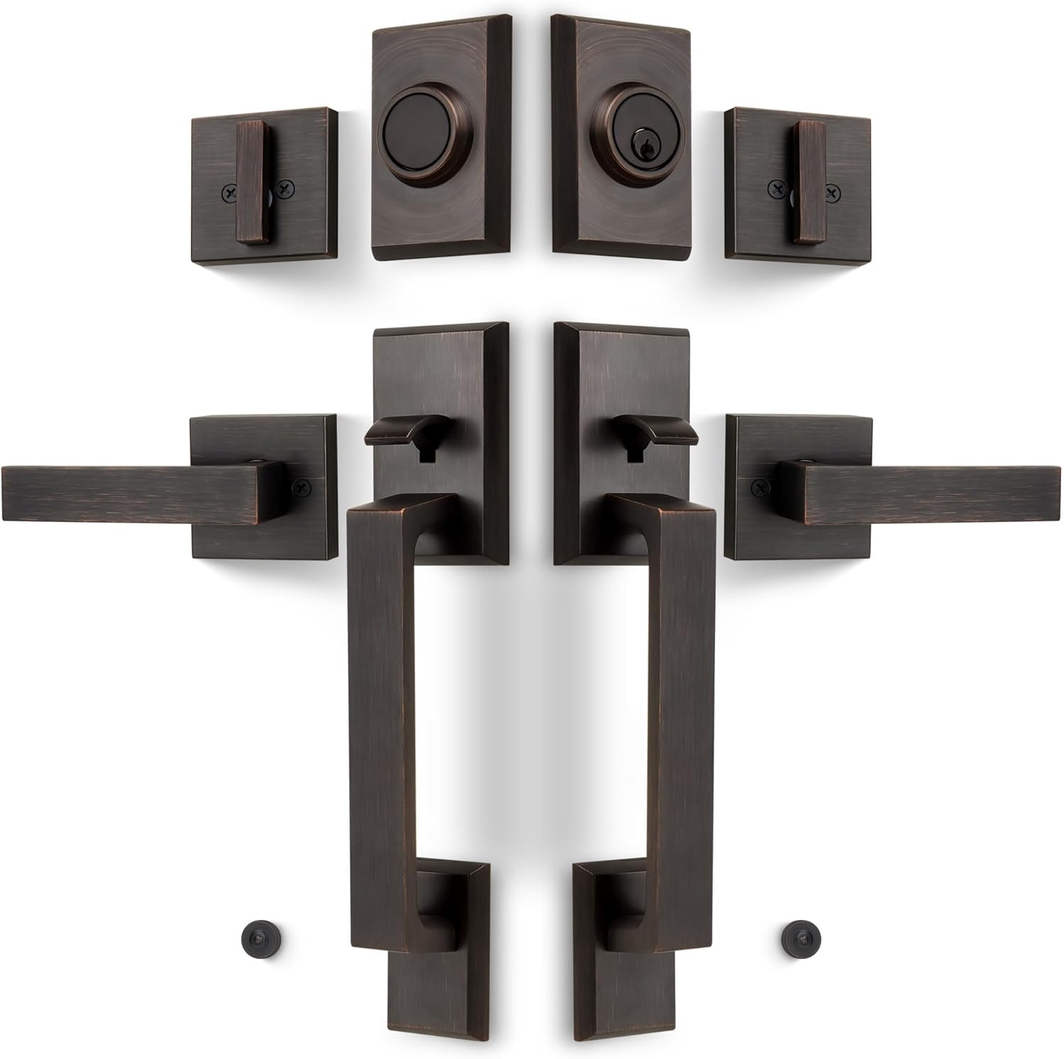 Double Front Door Lock Set, Keyed Entry Front Door Handleset with Dummy, Square Heavy Duty Door Lever and Single Cylinder Deadbolt Combo, Oil Rubbed Bronze Oil Rubbed Bronze Double Square Handles
