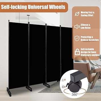 Room Divider 88'' Wide Folding Privacy Screens,4 Panel Wall Divider w/Wheel