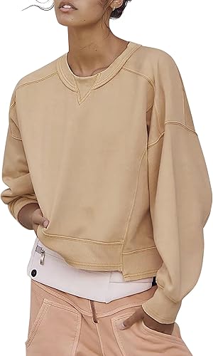 Cioatin Sudadera corta de gran tamaño Y2K para mujer, cuello redondo, puntada, retazos, hombros caídos, suéter de otoño