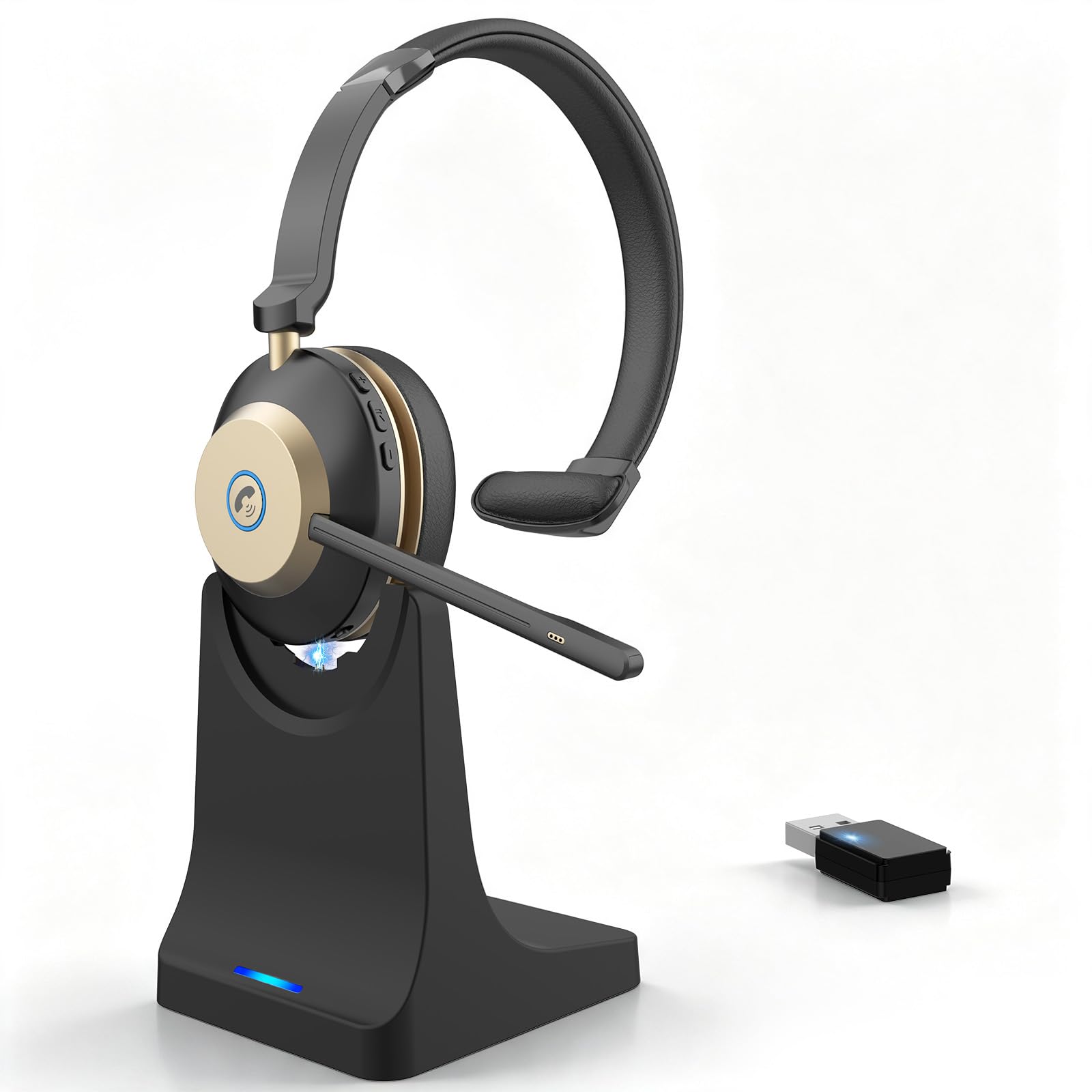 V5.3 Bluetooth-Headset mit Mikrofon für PC, Kabelloses Headset mit Mikrofon Rauschunterdrückung & USB-Dongle, 45 Std. Akku, Ladestation, Stummschaltung für Computer/Büro/Meeting/Call Center/Office