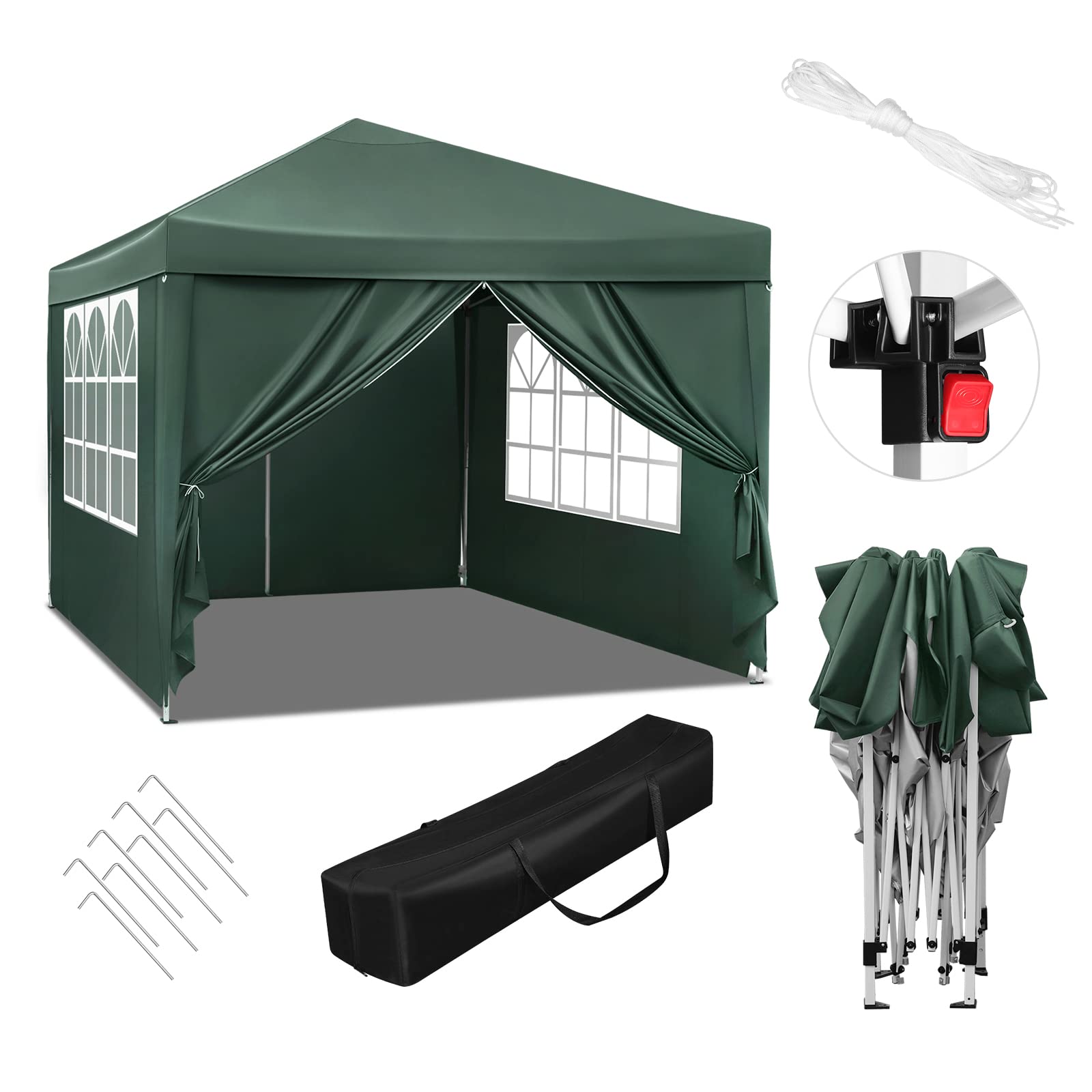 WOLTU Pawilon Pop-up, wodoszczelny, składany pawilon przeciwsłoneczny, ze ścianami bocznymi, pawilon ogrodowy na taras, kemping, festiwal, namiot pagodowy z metalowej ramy Oxford, 3 x 3 m, zielony