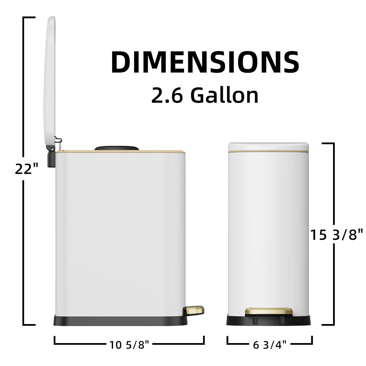 2.6 Gal Stainless Steel Trash Can with Soft Close Stay Open Lid, Small Rectangular 10L Waste bin for Narrow Space, Waterproof, Odor Protection, White