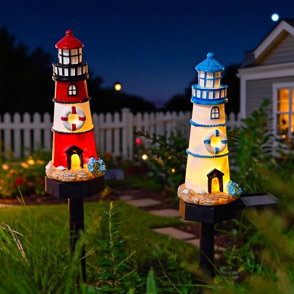 2 Packungen von solarbetriebenen roten und blauen Leuchtturm Bodenlampen, Garten dekoratives Harz niedliche Leuchtturm Lampen,Drahtlose Dämmerung bis Dämmerung LED-Lichter wasserdicht.