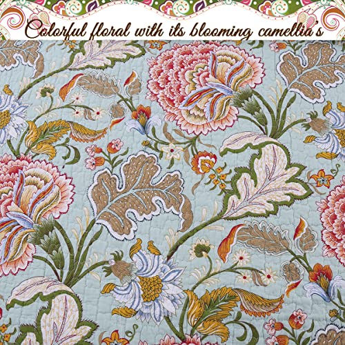 Cozy Line Home Fashions Blooming Red White Floral 100% Cotton Reversible Quilt Bedding Set, Coverlet Bedspread (Camellia Green, King - 3 Piece)