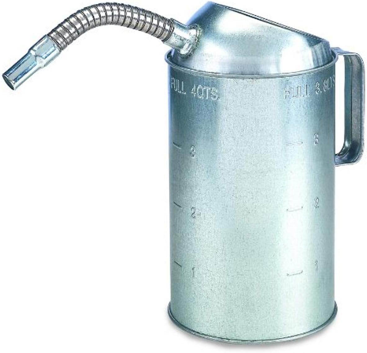 Lumax LX-1528 Silver 4 Quart Galvanized Measure Can with Flex Spout. Deluxe Measures with Spill-proof Tops. The Measure Can has a durable Galvanize Finish to resist Rust.