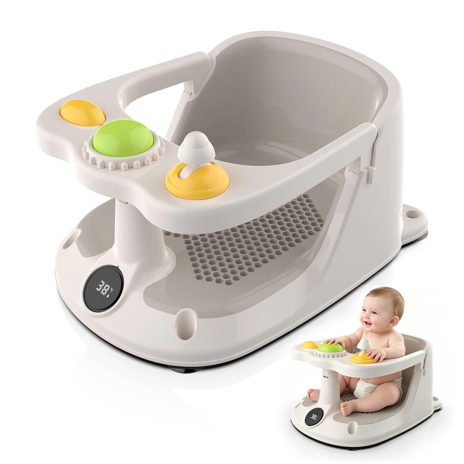 Seggiolino per vasca da bagno per bambini con monitoraggio della temperatura in tempo reale, portatile, con 4 ventose antiscivolo, sedile da bagno per bambini dai 6 mesi in su, design a rete per