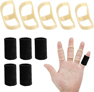 10pcs Oval Finger Splint, 5 Sizes Finger Splint Ring Mallet Finger Splint Support Brace 5 Oval Finger Splints & 5 Finger Compression Sleeves For Thumb Middle Pinky Ring Finger Index (Black)