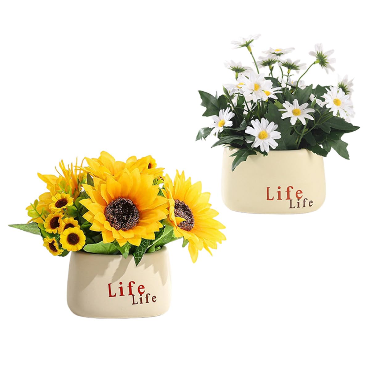 Plantes artificielles en pot SHINEOFI, lot de 2 faux bonsaïs tournesol et marguerite blanche