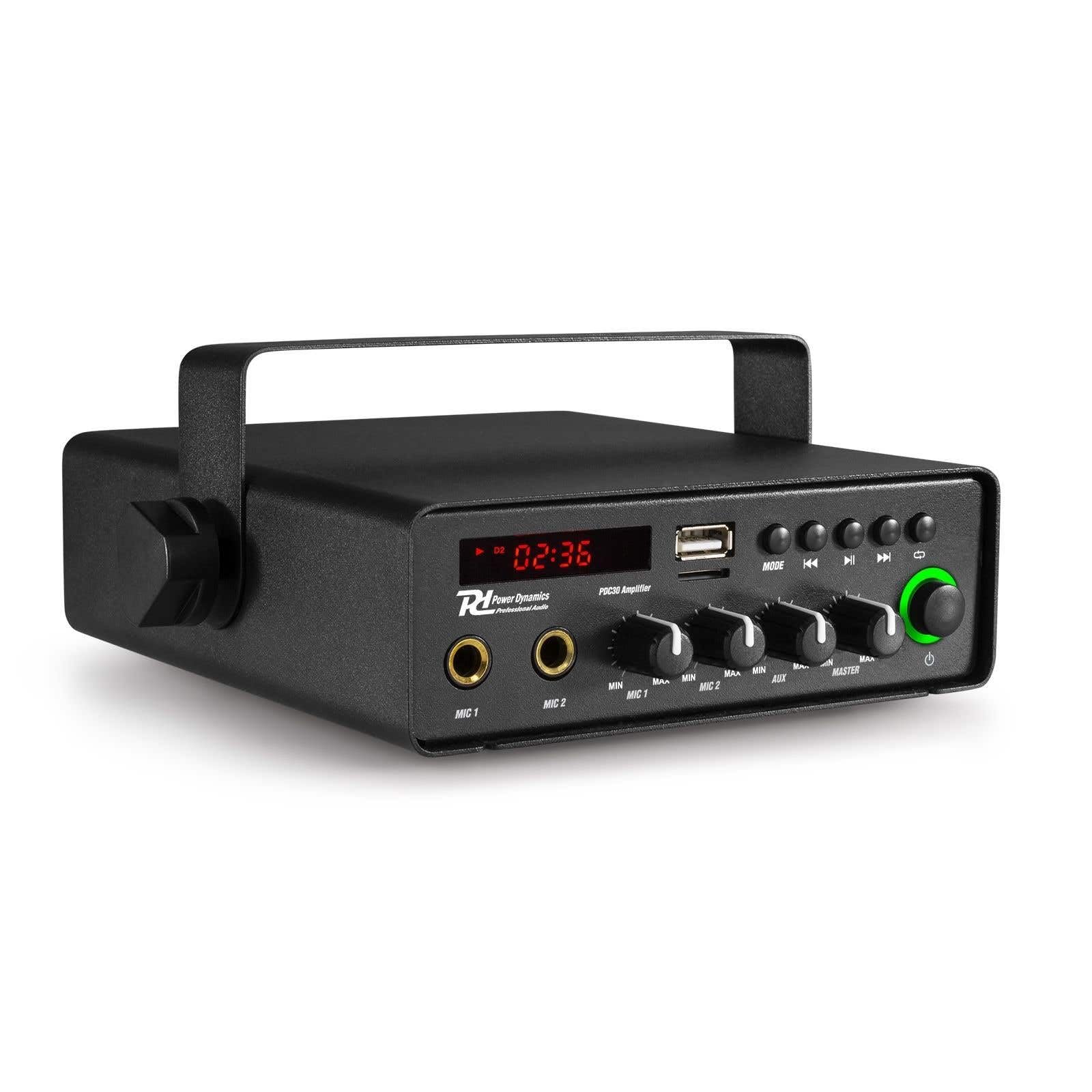 Power Dynamics PDC30 Auto PA-System Set 30W – Mobiler Verstärker mit 2 Outdoor Hornlautsprecher, IPX6, Bluetooth, MP3, USB, SD & Mikrofon – 12V / 230V Beschallungsanlage für Auto, Demo & Events