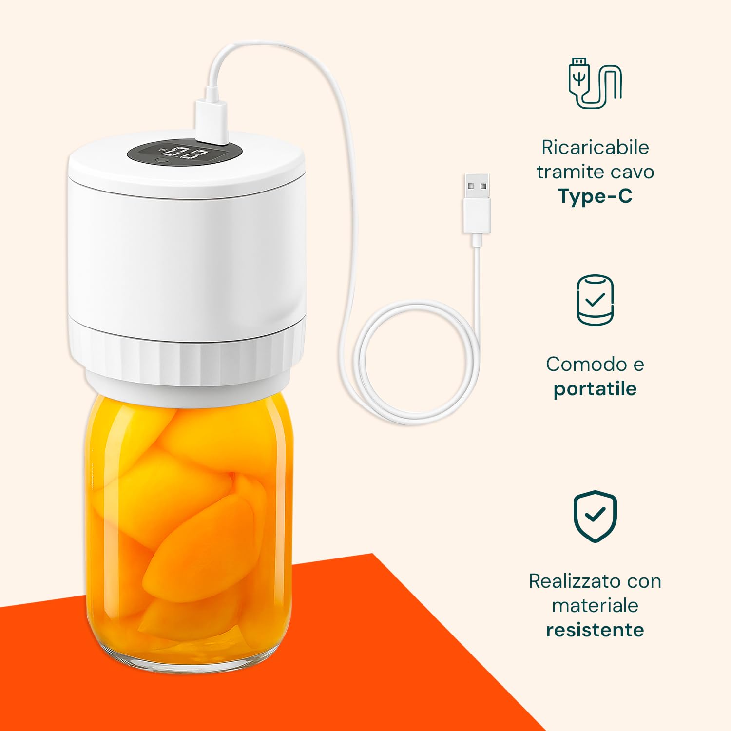 Avilia - Sigillatore Macchina Sottovuoto Alimenti per Barattoli Ø6,8/8,3 cm con 10 Tappi Inclusi, Sigillatura Automatica, Uso Domestico e da Viaggio, Alimentazione USB-C, Compatto e Portatile