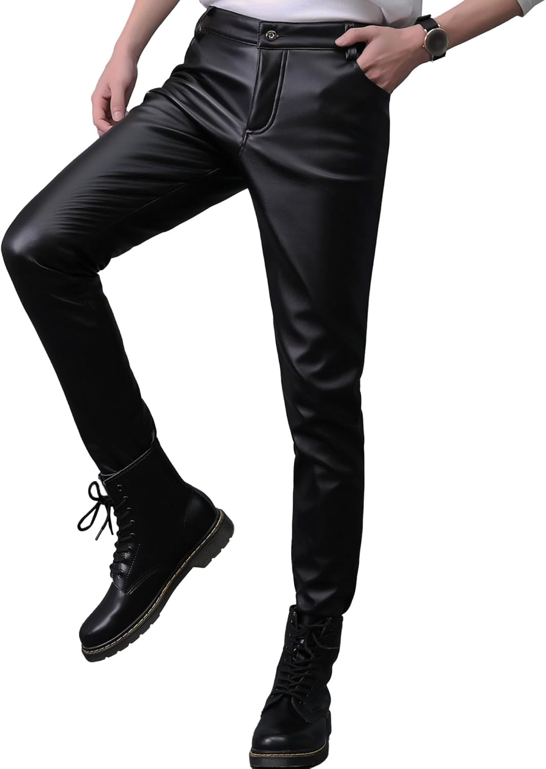 Mens Skinny Leather Pants Business Casual Motorcycle Biker Pants Slim Fit Stretch Pencil Trousers Suit Pants