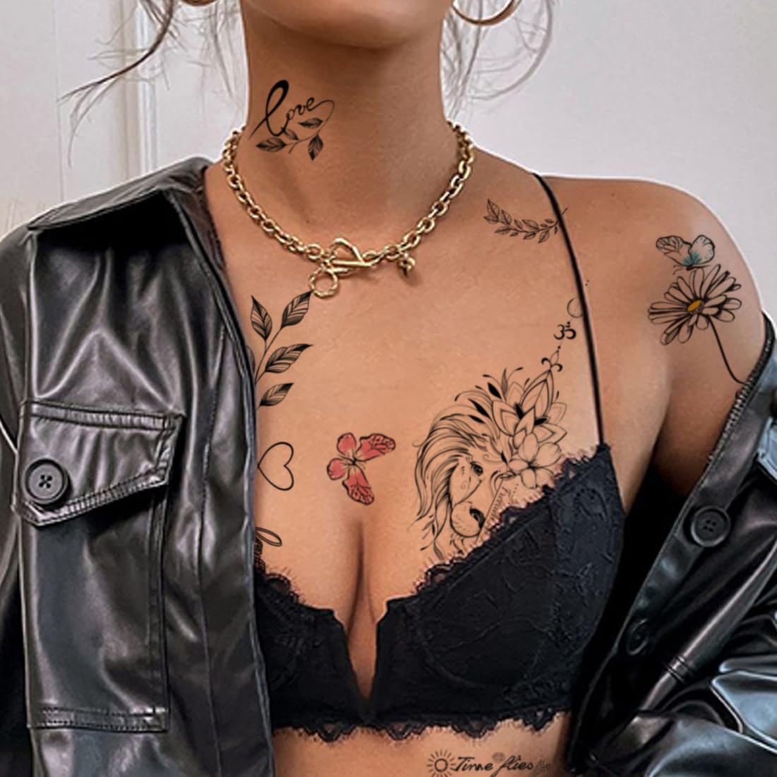 CHARLENT Flower Words Temporary Tattoos for Women Girls - Long