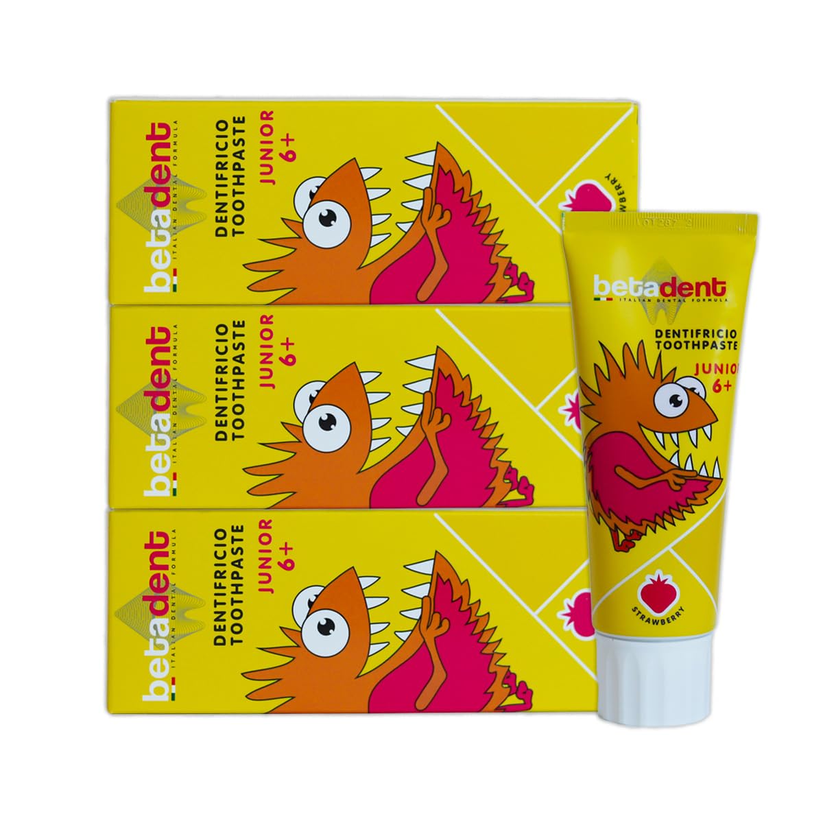 Betadent Set mit 3 Zahnpasten Junior 6+ Erdbeere für Kinder ab 6 Jahren. Natürliche Formulierung, Anti-Plaque und Anti-Karies. Ausgewogene Dosierung von Fluorsalzen bei einer Konzentration von 950 ppm