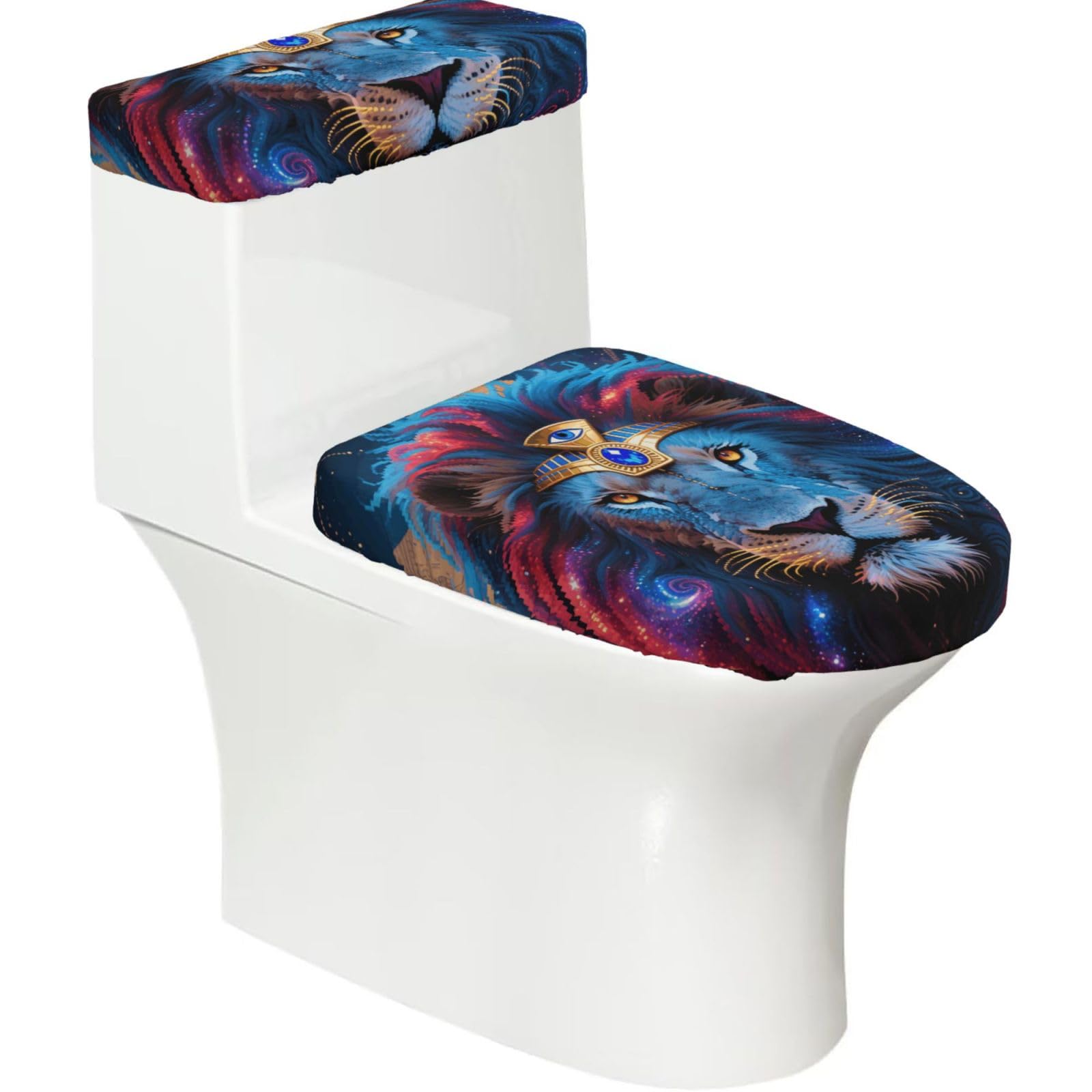 FekiLoot Lion in Mystical Starry Night Toilet Lid Cover and Toilet Tank Cover Set of 2,Dust Splash Resistant Toilet Top Covers Soft Washable Toilet Lid Seat Cover for Bathroom Office Home Decor