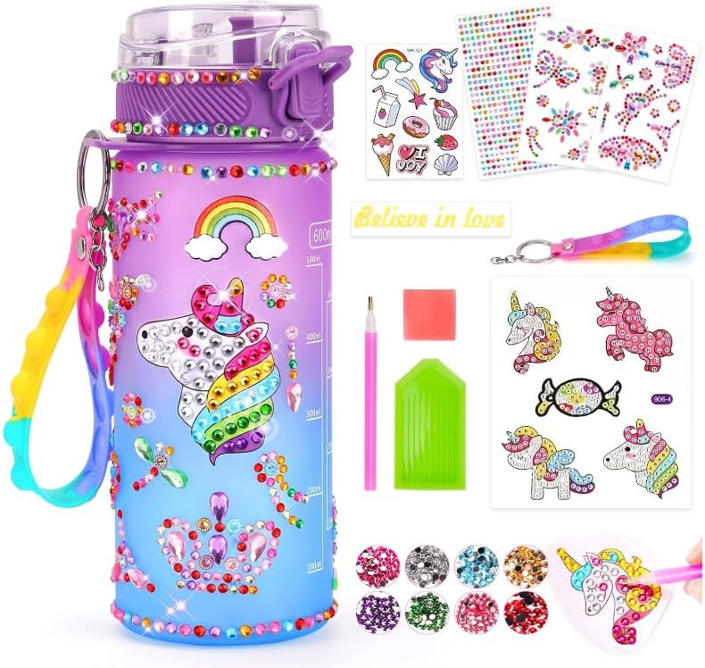 Kids Water Bottle Decoration,Gifts for Girls Ages 5 6 7 8 9, Unicorn Gem Girls Diamond Painting Crafts, Unicorn Gifts for Girls Age 3-10 Year Old Girls Kids Birthday, School Water Bottle(600Ml)