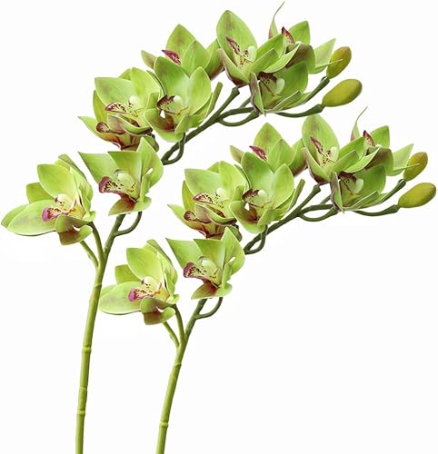 Orquídeas artificiales de Cymbidium, 2 racimos de flores artificiales para exteriores, flores falsas para exteriores, arbustos verdes, plantas para