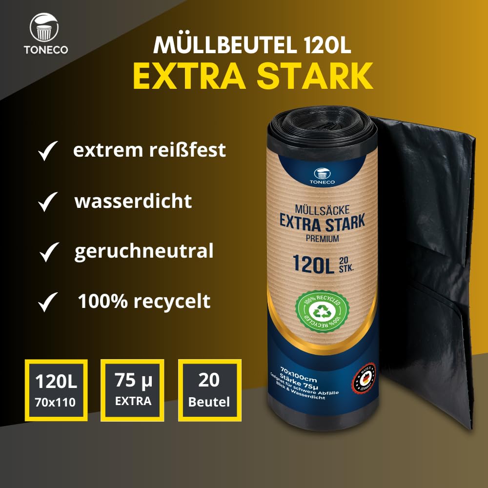 TONECO Profi Müllsäcke 120L EXTRA STARK 70μ - 600 Stück auf 30 Rollen -100% Recycelt - (20 bis 600 Säcke wählbar) - Rollengewicht 1,8 kg - XXL Mülltüten (600)